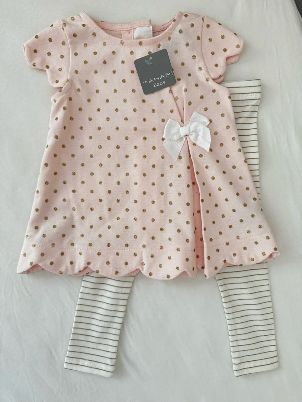 Tahari Baby Pink Top with Gold Polka Dots